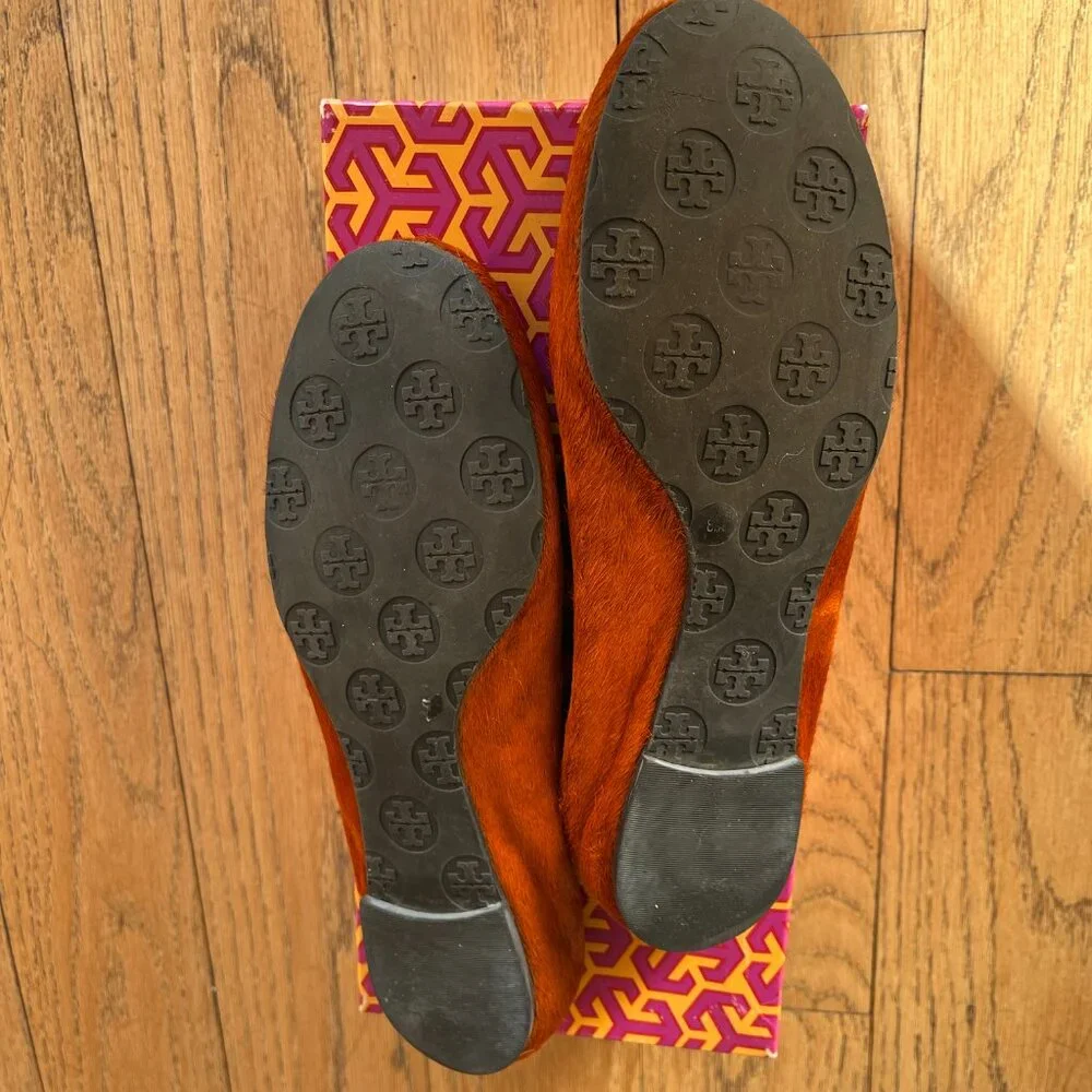 Tory Burch Reva Calf Hair Orange Leather Ballet Flat, Size 8
